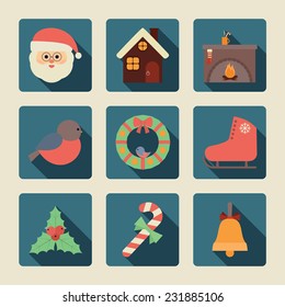 Christmas icons with long shadow. Vector set, flat design, EPS 8.