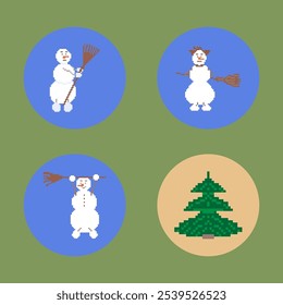 Christmas icons made of pixels with the image of a snowman with a broom in different positions