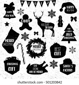 Christmas icons. Merry Christmas vintage grunge black icons on white. Typographic elements. Candy, New Year tree, baked turkey, santa`s factory gift. Holly jolly Christmas. Vector 10 eps.