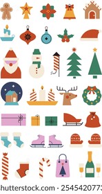 Christmas icons in a modern geometric style set. Colorful festive illustrations including santa claus, Christmas tree, snowman, gingerbread man and more