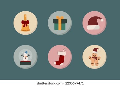 Christmas icons in multi color circle isolated on the dark green background.