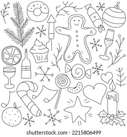 Christmas icons. New year background. Doodle illustration with christmas and new year icons