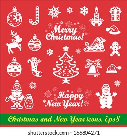 Christmas icons and New Year icons set. Vector Eps 8.
