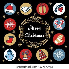 Christmas Icons. Objects Collection. New year season doodle set. Winter wear, sport, gifts, snowflakes, other holiday symbols,Christmas elements. Hand drawn vector, isolated linear background.