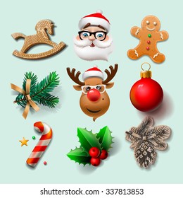 Christmas icons, objects, holiday decoration, vector illustration.