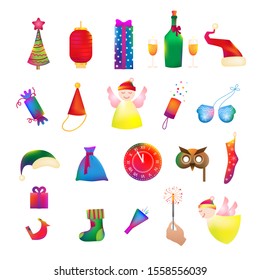 Christmas icons, objects, symbols collection. Christmas detailed vector set of fir tree, firework, tree toy, balls, New Year festive bell. Decor elements for graphic design of New Year celebration.