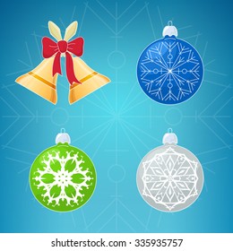 Christmas Icons on Blue Background, Holiday Jingle Bells  Decorated with a Red Bow, Christmas Green, Silver and Blue Ball with Snowflake,  Vector Illustration