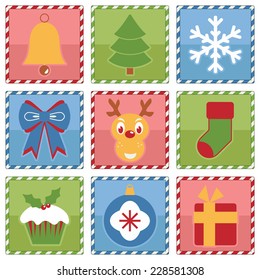 christmas icons with ornaments on red, green and blue framed squares, isolated on white