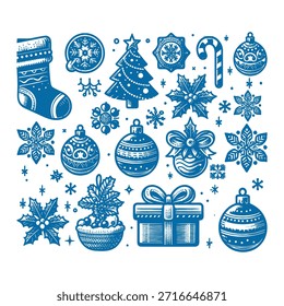 Patrón de iconos de Navidades, decoración, patrón de árbol, copo de nieve, medias, hojas de acebo, hombre de jengibre en estilo de dibujos animados, decorativo, ornamentos Clipart festivo, conjunto de iconos de temporada, caña de caramelo, arte de Festiva, renos, Diseños festivos, copos de nieve, año nuevo, diciembre, sin costuras, regalo, nuevo,