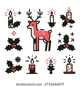 Patrón de iconos de Navidades, decoración, patrón de árbol, copo de nieve, medias, hojas de acebo, hombre de jengibre en estilo de dibujos animados, decorativo, ornamentos Clipart festivo, conjunto de iconos de temporada, caña de caramelo, arte de Festiva, renos, Diseños festivos, copos de nieve, año nuevo, diciembre, sin costuras, regalo, nuevo,