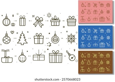 Christmas icons and patterns with gifts, ornaments, snowflakes.