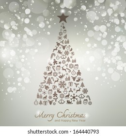 Christmas icons in pine tree shape greeting card background