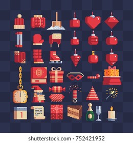 Christmas Icons.  Pixel art style stickers. Winter season elements. Isolated vector illustration