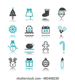 christmas icons with reflection isolated on white background