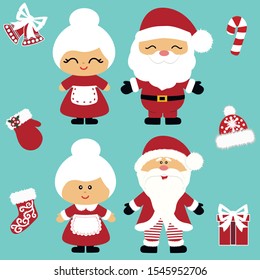 Christmas icons. Santa Claus and Mrs. Santa Claus. Collection. New Year. Christmas decoration. Vector illustration