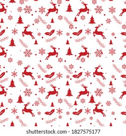 Christmas icons seamless background. Happy winter holiday wallpaper. Decorative dear, tree, snow pattern. vector illustration in flat style modern design.
