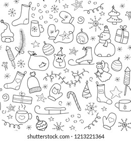 Christmas icons seamless pattern, Happy Winter Holiday tile background. Doodle outline ornamental design elements