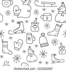 Christmas icons seamless pattern, Happy Winter Holiday tile background. Doodle outline ornamental design elements
