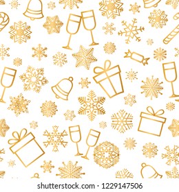 Christmas icons seamless pattern, Happy Winter Holiday tile background. Doodle outline ornamental Nature Decor elements.