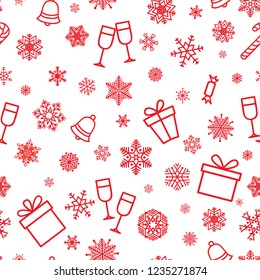 Christmas icons seamless pattern, Happy Winter Holiday tile background. Doodle outline ornamental Nature Decor elements.