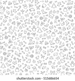 Christmas icons seamless pattern, Happy Winter Holiday tile background. Doodle outline ornamental design elements