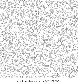 Christmas icons seamless pattern, Happy Winter Holiday tile background. Doodle outline ornamental design elements