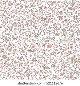 Christmas icons seamless pattern, Happy Winter Holiday tile background. Doodle outline ornamental design elements.