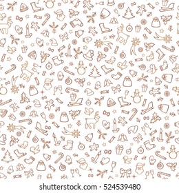 Christmas icons seamless pattern, Happy Winter Holiday tile background. Doodle outline ornamental design elements