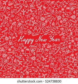 Christmas Icons Seamless Pattern. Happy Winter Holiday Wallpaper. Doodle Greeting Card with handwritten Lettering HAPPY NEW YEAR.