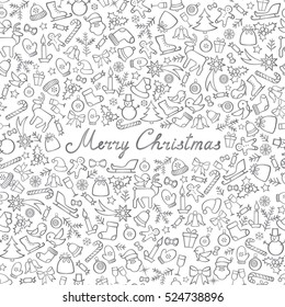 Christmas Icons Seamless Pattern. Happy Winter Holiday Wallpaper. Doodle Greeting Card with handwritten Lettering MERRY CHRISTMAS