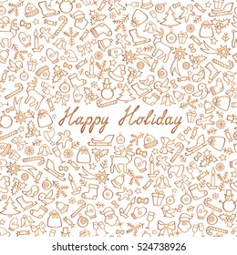 Christmas Icons Seamless Pattern. Happy Winter Holiday Wallpaper. Doodle Greeting Card with handwritten Lettering HAPPY HOLIDAY
