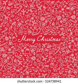 Christmas Icons Seamless Pattern. Happy Winter Holiday Wallpaper. Doodle Greeting Card with handwritten Lettering MERRY CHRISTMAS