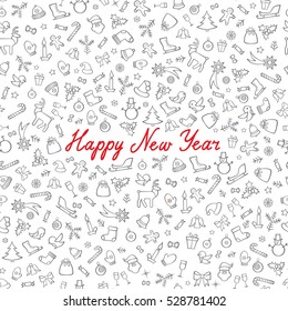 Christmas Icons Seamless Pattern. Happy Winter Holiday Wallpaper. Doodle Greeting Card with handwritten Lettering HAPPY NEW YEAR
