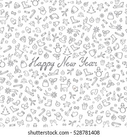 Christmas Icons Seamless Pattern. Happy Winter Holiday Wallpaper. Doodle Winter Holiday Greeting Card with handwritten Lettering HAPPY NEW YEAR