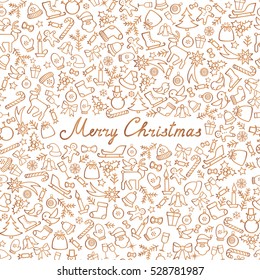 Christmas Icons Seamless Pattern. Happy Winter Holiday Wallpaper. Doodle Greeting Card with handwritten Lettering MERRY CHRISTMAS
