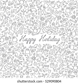 Christmas Icons Seamless Pattern. Happy Winter Holiday Wallpaper. Doodle Greeting Card with handwritten Lettering HAPPY HOLIDAY