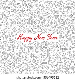 Christmas Icons Seamless Pattern. Happy Winter Holiday Wallpaper. Doodle Greeting Card with handwritten Lettering HAPPY NEW YEAR.