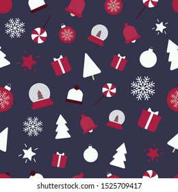 Christmas icons seamless pattern including present, tree, snowflake. snow globe. bell, star for wrapping paper.