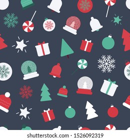Christmas icons seamless pattern including present, tree, snowflake. snow globe. bell, star for wrapping paper.