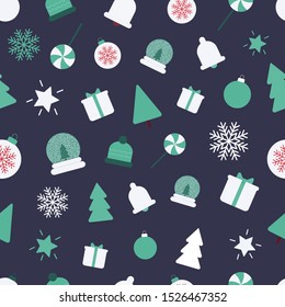 Christmas icons seamless pattern including present, tree, snowflake. snow globe. bell, star for wrapping paper.