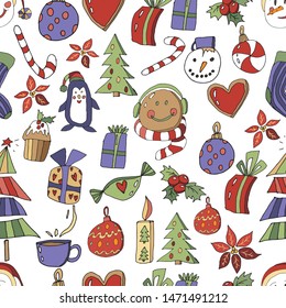 Christmas Icons Seamless Pattern with New Year Tree, penguin, gingerbread, gifts, lollipop, cupcake and decor. Happy Winter Holiday Wallpaper with Nature Decor elements. White background design