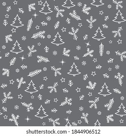 Patrón de Iconos de Navidad sin problemas con árbol, nieve y estrellas de Año Nuevo. Papel de fondo de escritorio de vacaciones de invierno con elementos decorativos de la naturaleza. Rama del árbol de aves y copos de nieve
