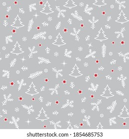 Patrón de Iconos de Navidad sin problemas con árbol, nieve y estrellas de Año Nuevo. Papel de fondo de escritorio de vacaciones de invierno con elementos decorativos de la naturaleza. Rama del árbol de aves y copos de nieve