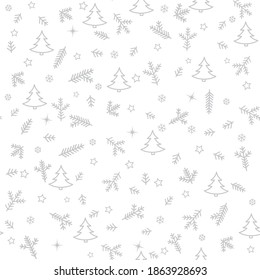 Patrón de Iconos de Navidad sin problemas con árbol, nieve y estrellas de Año Nuevo. Papel de fondo de escritorio de vacaciones de invierno con elementos decorativos de la naturaleza. Rama del árbol de aves y copos de nieve
