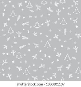 Patrón de Iconos de Navidad sin problemas con árbol, nieve y estrellas de Año Nuevo. Papel de fondo de escritorio de vacaciones de invierno con elementos decorativos de la naturaleza. Rama del árbol de aves y copos de nieve