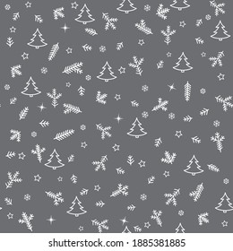 Patrón de Iconos de Navidad sin problemas con árbol, nieve y estrellas de Año Nuevo. Papel de fondo de escritorio de vacaciones de invierno con elementos decorativos de la naturaleza. Rama del árbol de aves y copos de nieve