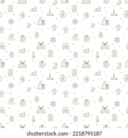 Christmas Icons Seamless Pattern with New Year Tree, Snow and Stars. Happy Winter Holiday Wallpaper with Nature Decor elements. Vector background design.