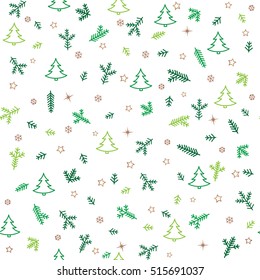 Christmas Icons Seamless Pattern with New Year Tree, Snow and Stars. Happy Winter Holiday Wallpaper with Nature Decor elements. Fir Tree branch and snowflakes tiled background design.