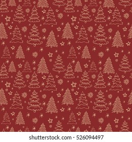 Christmas Icons Seamless Pattern with New Year Tree, Snow and Stars
