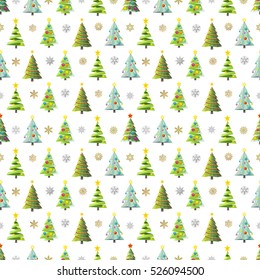 Christmas Icons Seamless Pattern with New Year Tree, Snowflakes, Stars and Decoration
